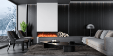 Load image into Gallery viewer, Amantii Tru View Bespoke electric fireplace shown in a modern living room with an orange flame
