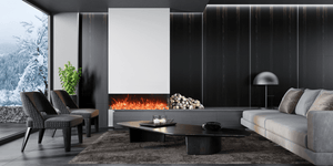 Amantii Tru View Bespoke electric fireplace shown in a modern living room with an orange flame