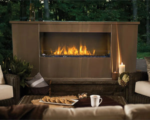 Napoleon Galaxy single sided outdoor fireplace shown on a patio