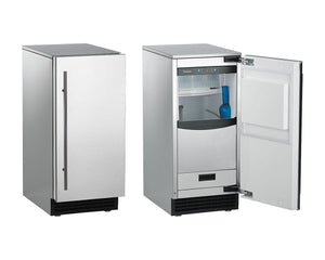 Scotsman cuber luxury ice machine- showing two, once with door open on a white background
