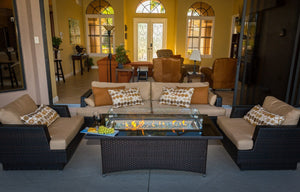 linear fire pit table in a patio setting