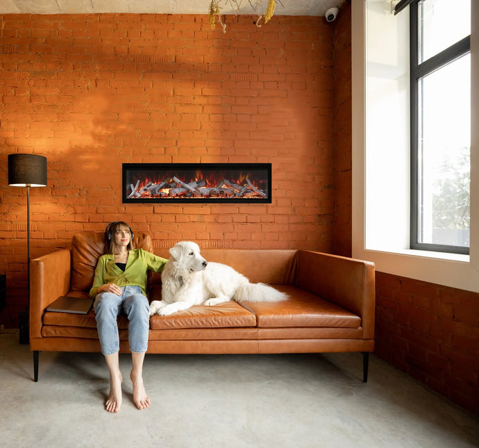 Amantii SYM XT electric fireplace with birch logs on a wall in a living room