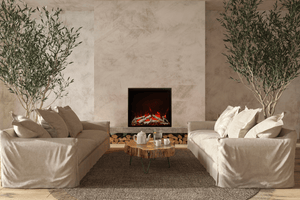 Amantii TRD Bespoke electric fireplace shown with birch logs in a living room