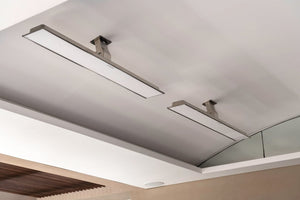 Bromic platinum patio heaters shown on a patio ceiling- not recessed
