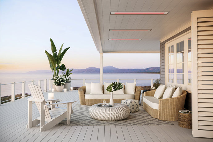 Bromic platinum patio heater shown irecessed on a covered patio lakehouse