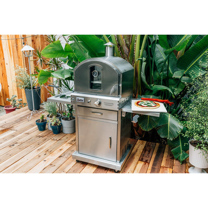Summerset outdoor freestanding pizza oven on a patio deck