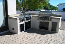 Load image into Gallery viewer, Wildfire black stainless steel grill, griddle and burner built in an outdoor kitchen